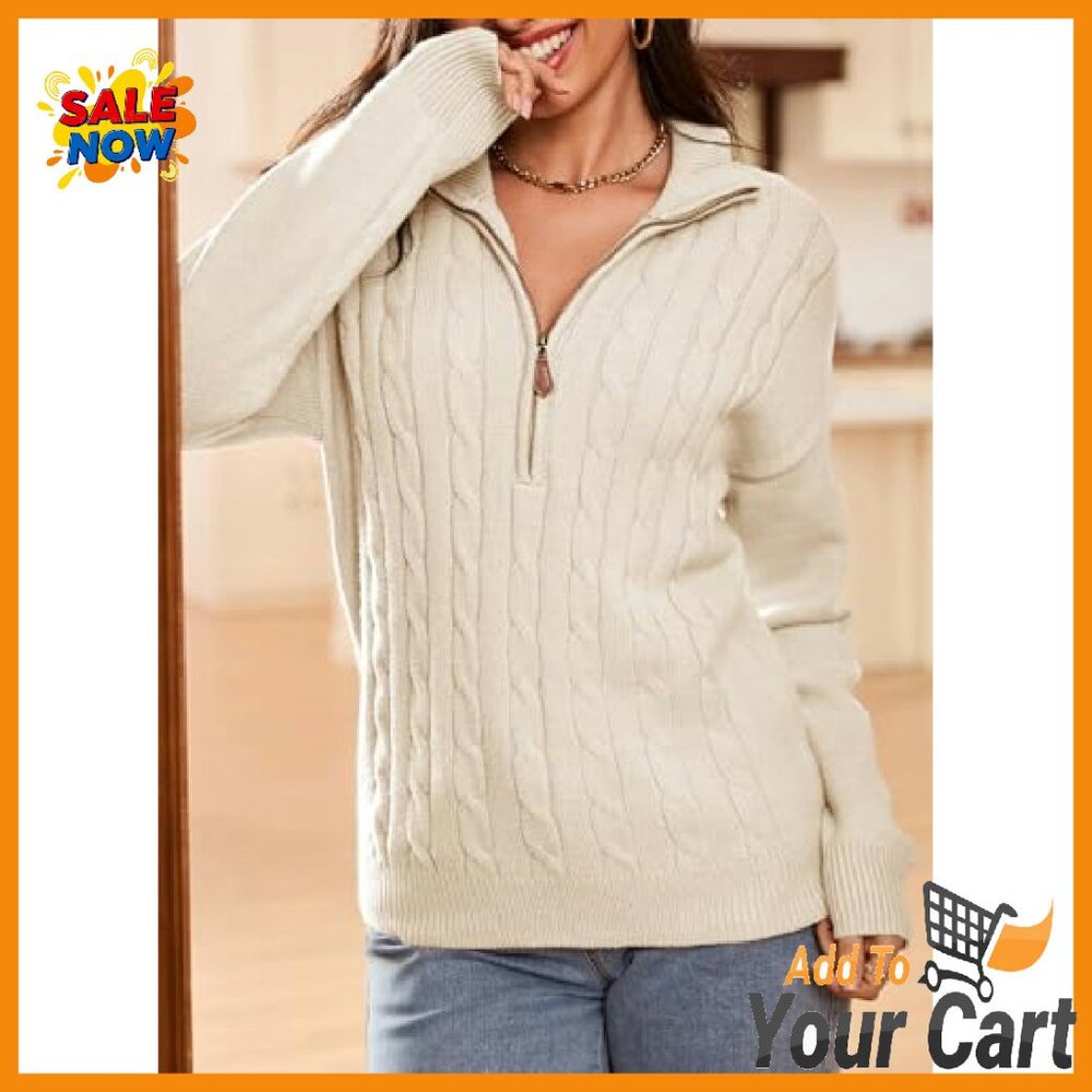 Quarter Zip Ribbed Cable Knit Pullover Sweater - … - image 3